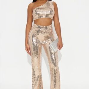 Fashion Nova Rose Gold Sequin One-Shoulder Crop & Flare 2-Piece Set